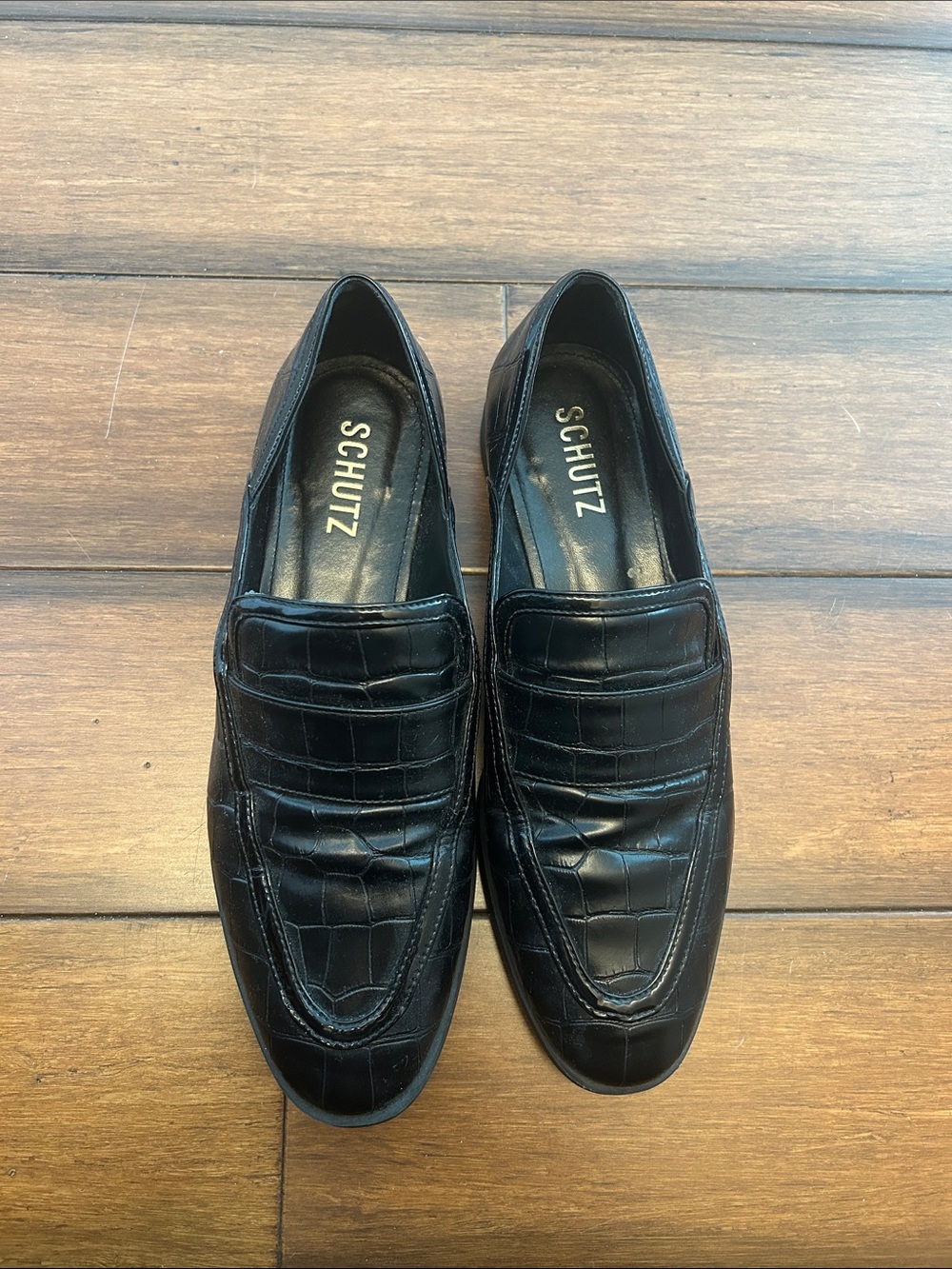 SCHUTZ Black Croc-Embossed Slip-On Loafers